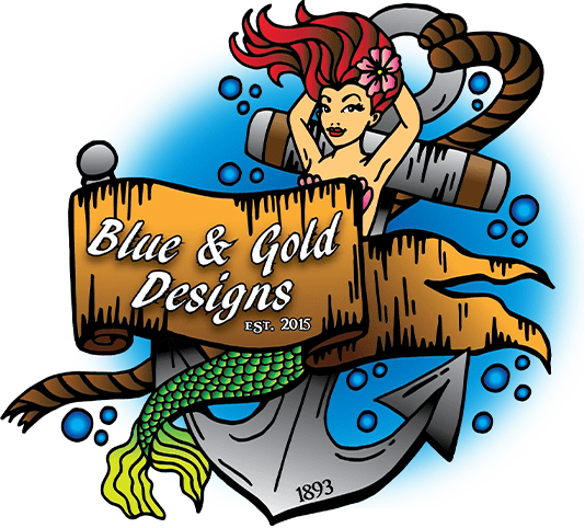 A picture of the blue and gold designs logo.