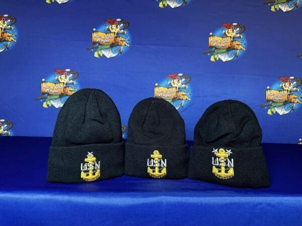 Three hats with a blue background and a cartoon wall