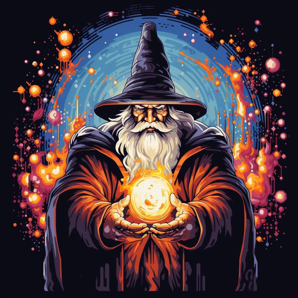 A wizard with a glowing ball in his hands.