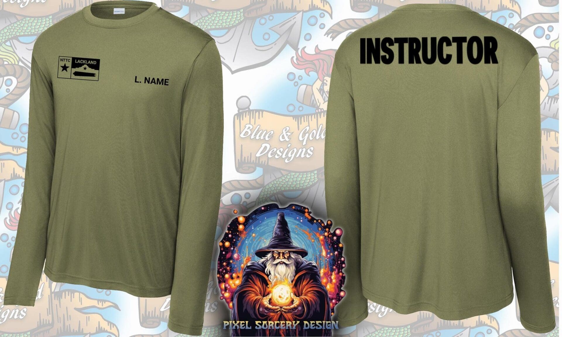 Green long-sleeve shirt with instructor text.