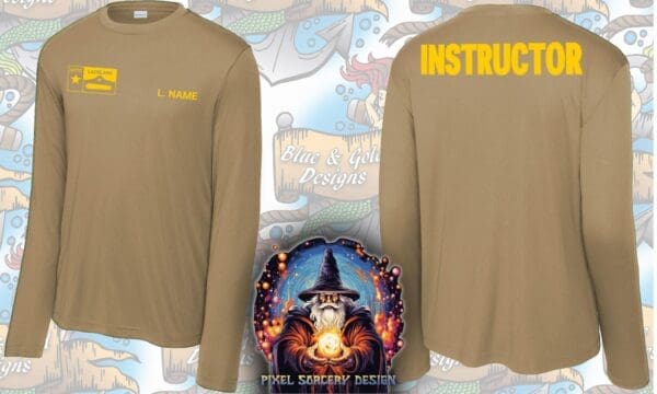 Tan long sleeve shirt with "Instructor" on the back.