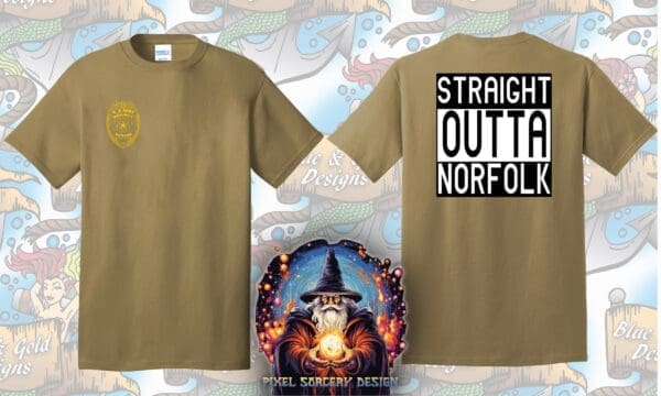 Tan t-shirt with "Straight Outta Norfolk" design.