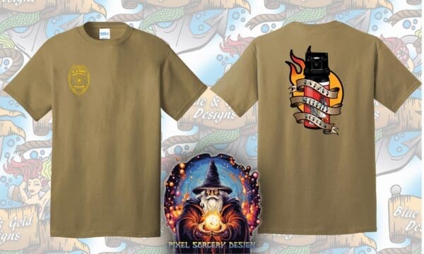 Two tan t-shirts with Navy Security Forces logos.