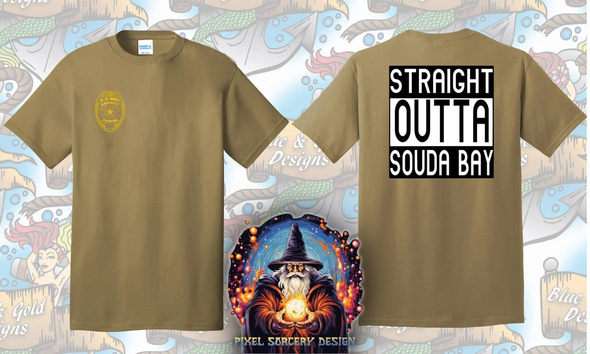 Tan t-shirt with "Straight Outta Souda Bay" design.