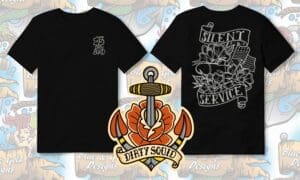 Black t-shirt with anchor and rose design.