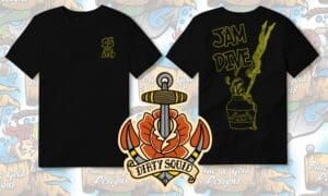 Black t-shirt with "Dirty Squid" logo.