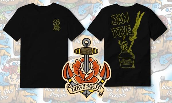 Black t-shirt with "Dirty Squid" logo.