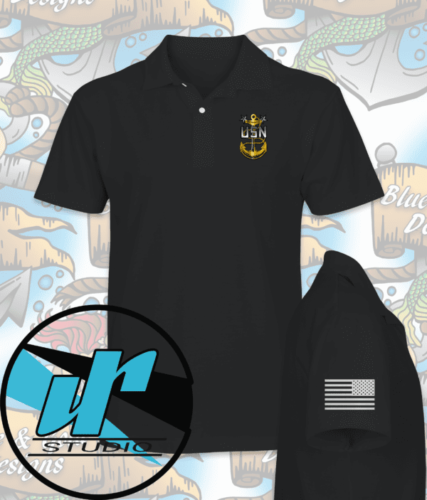 Black polo shirt with USN anchor and American flag.