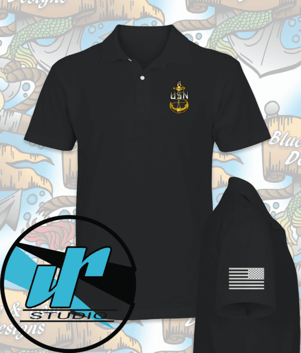 Black polo shirt with USN anchor and US flag.