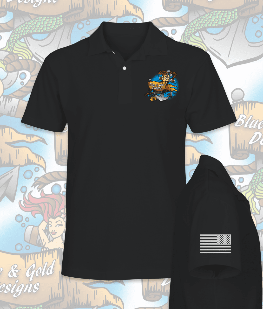 Black polo shirt with American flag patch.