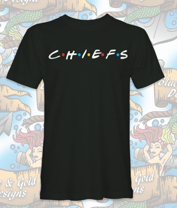 Black t-shirt with Chiefs logo in Friends font.