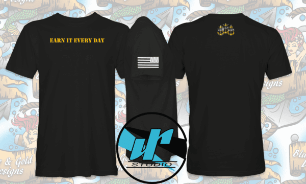 Black t-shirt with "earn it every day" text.