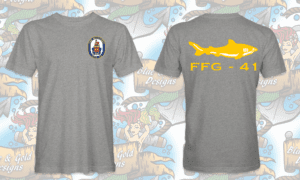 Grey t-shirt with USS McClusky FFG-41 logo.