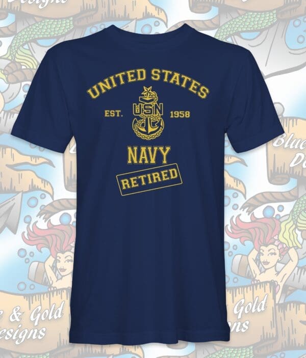 Navy blue t-shirt with gold US Navy retired text.