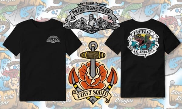 Two black t-shirts with nautical designs.