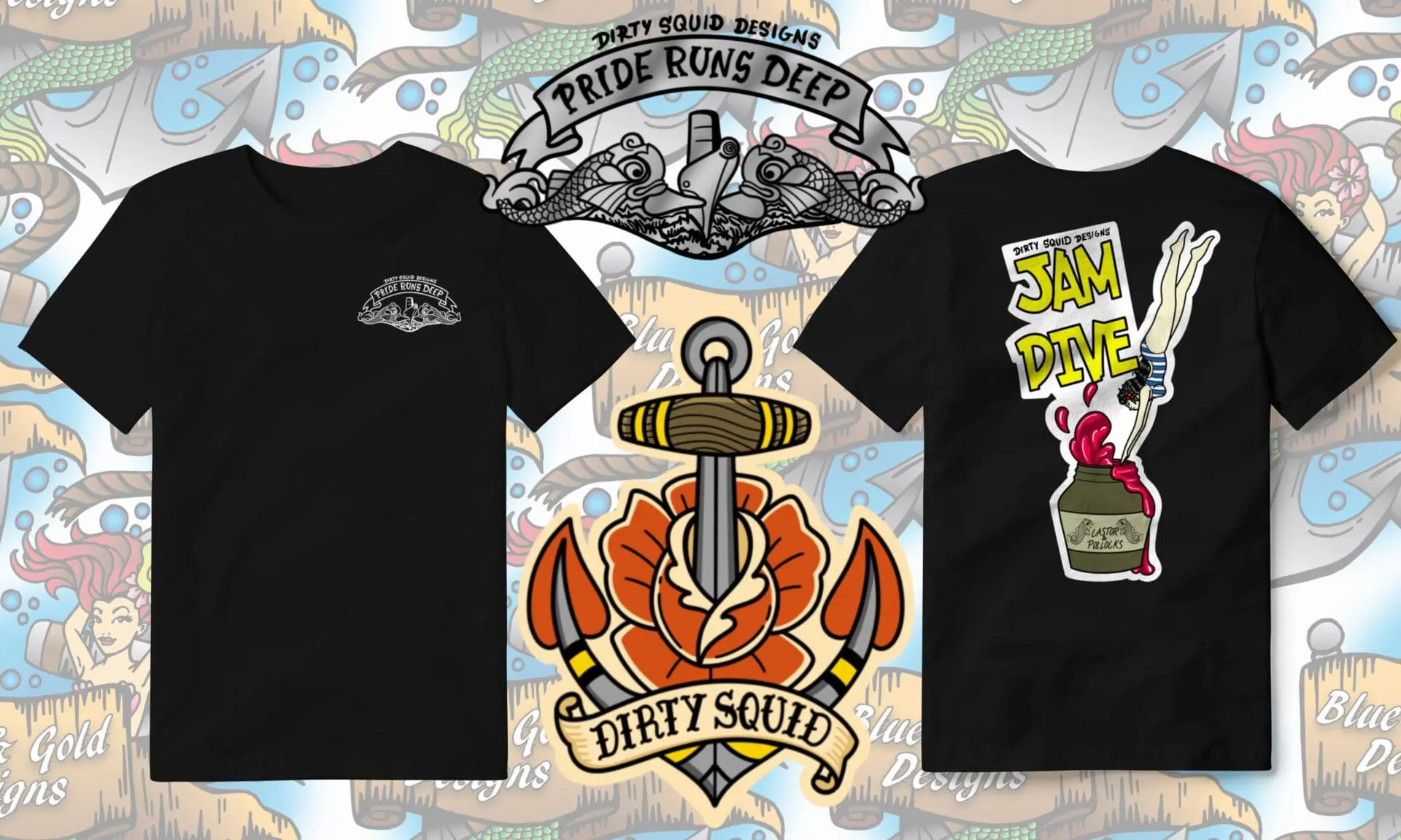 Black T-shirts with nautical designs.