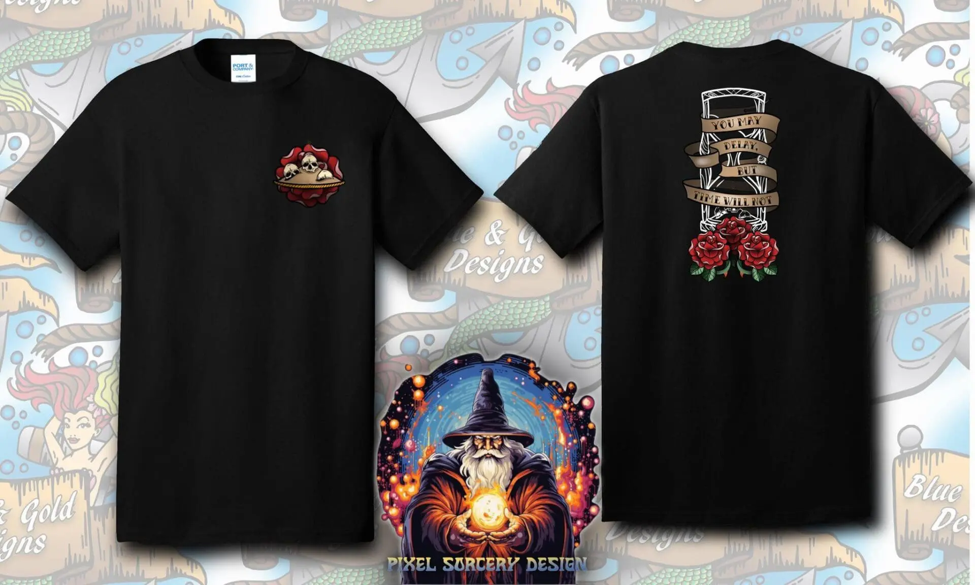 Black t-shirt with wizard and hourglass design.