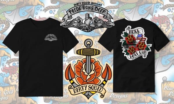 Black t-shirt with anchor and rose design.