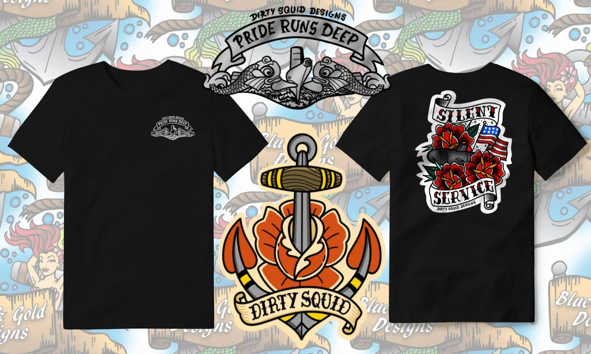 Black T-shirt with nautical designs.