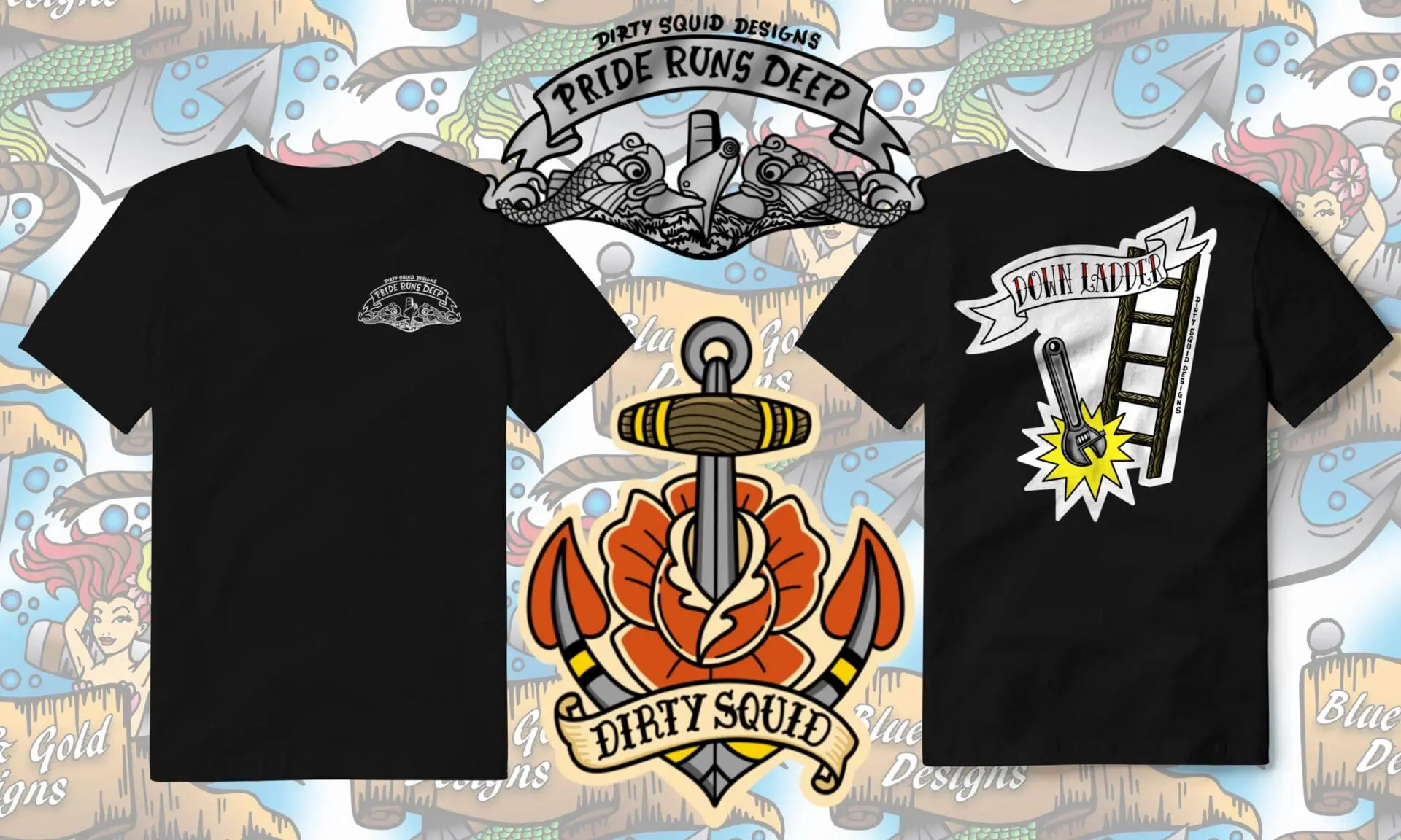 Black t-shirt with anchor and ladder design.