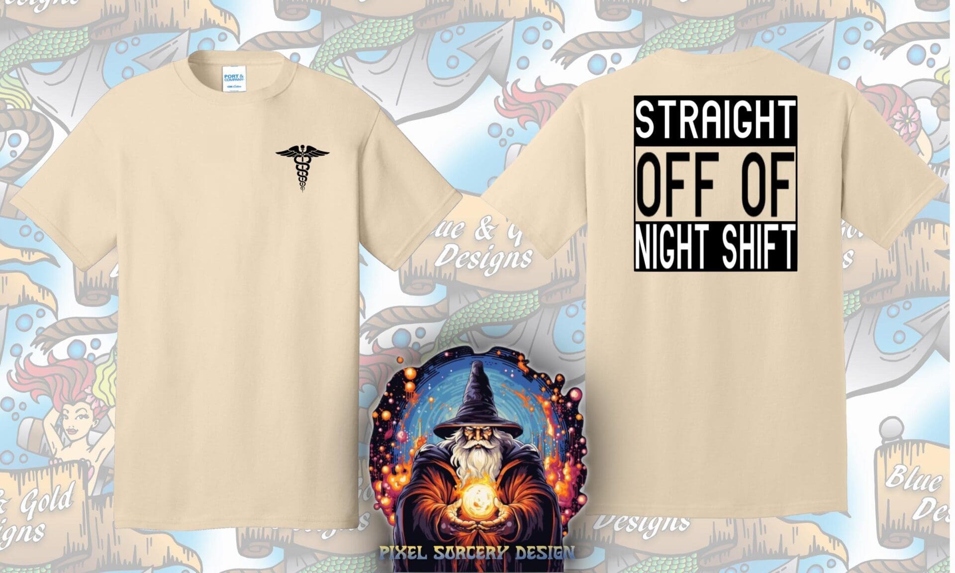 Tan t-shirts with night shift design.