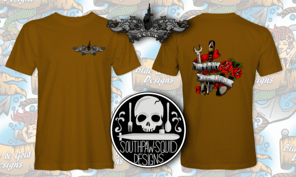 Brown t-shirt with a skull and submarine logo.