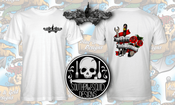 White t-shirt with submarine and skull design.