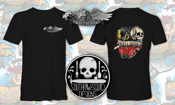 Black t-shirt with skull and roses design.