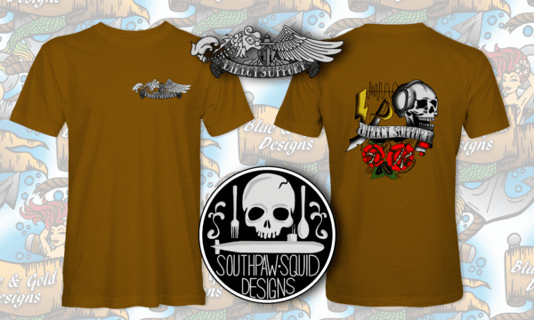 Brown t-shirt with skull and roses design.