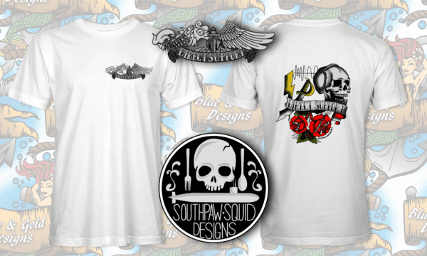 White t-shirt with skull and roses design.