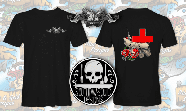 Black t-shirt with a red cross design.