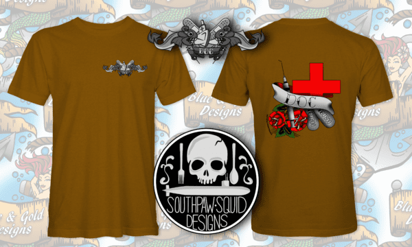 Brown t-shirt with submarine and medical design.