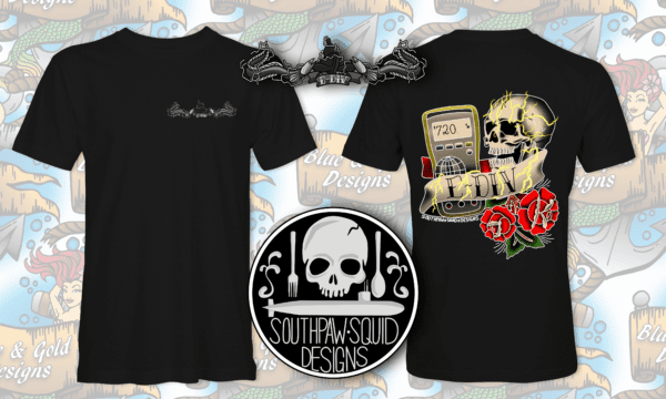 Black t-shirt with skull and submarine design.