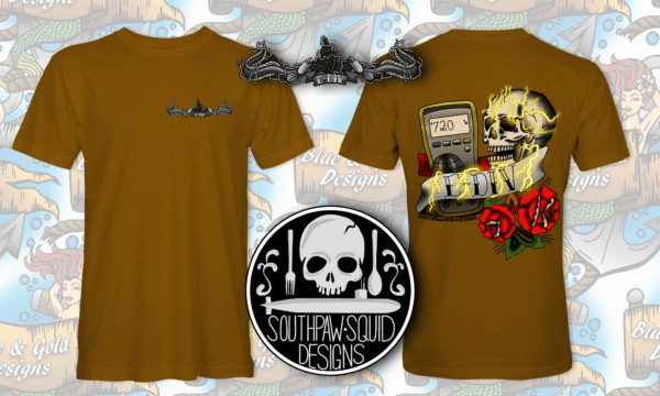 Brown t-shirt with skull and submarine logo.