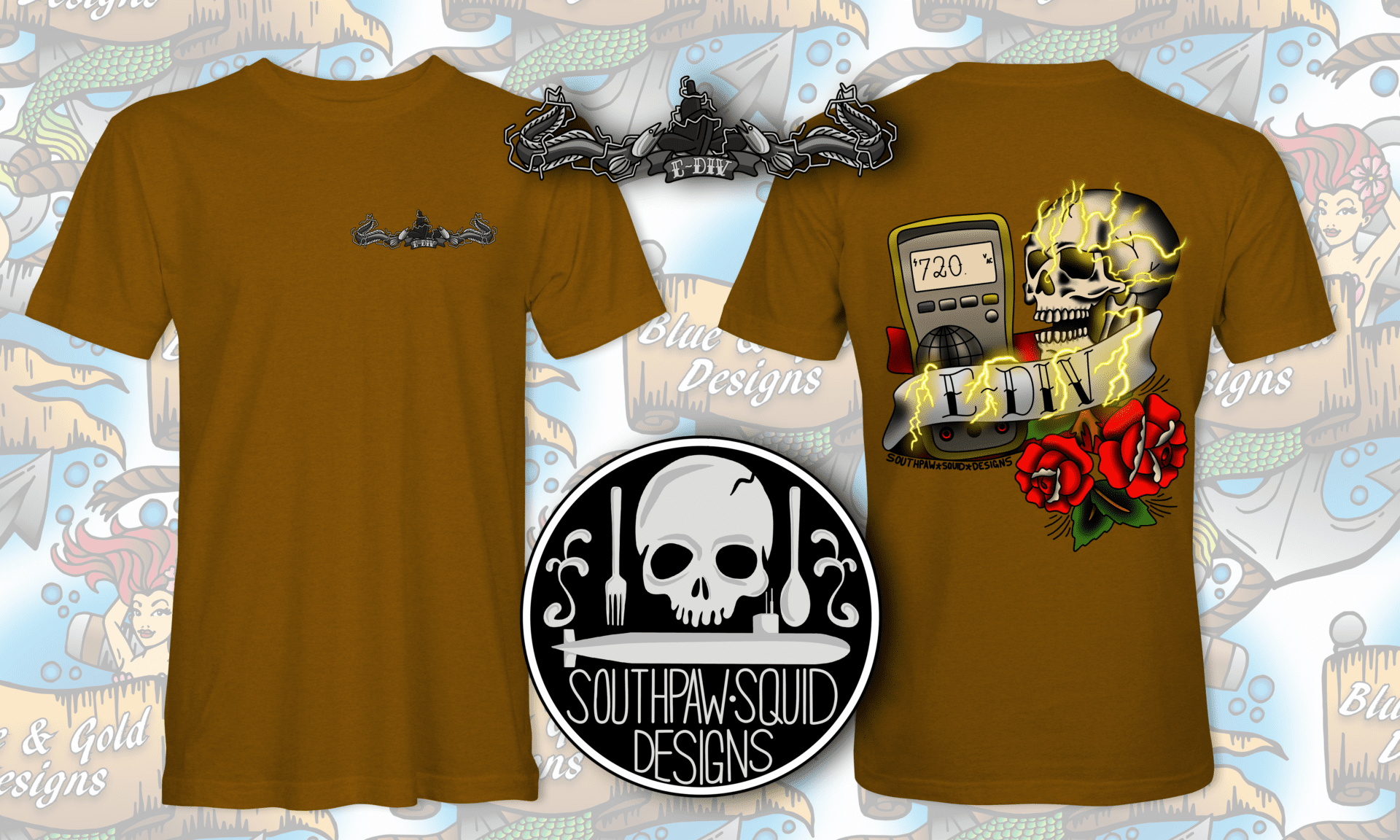 Brown t-shirt with skull and submarine logo.