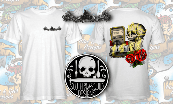 White t-shirt with skull and lightning design.