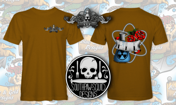 Brown t-shirt with nuclear submarine design.