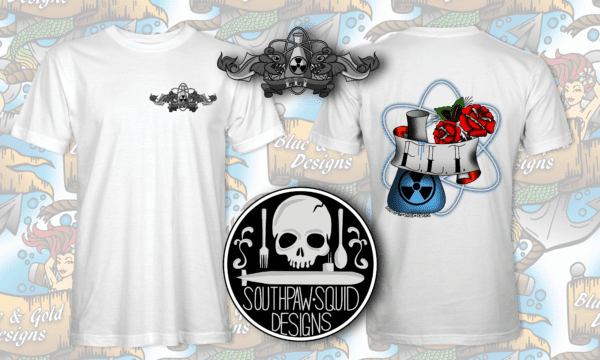 White t-shirt with a skull and atom design.