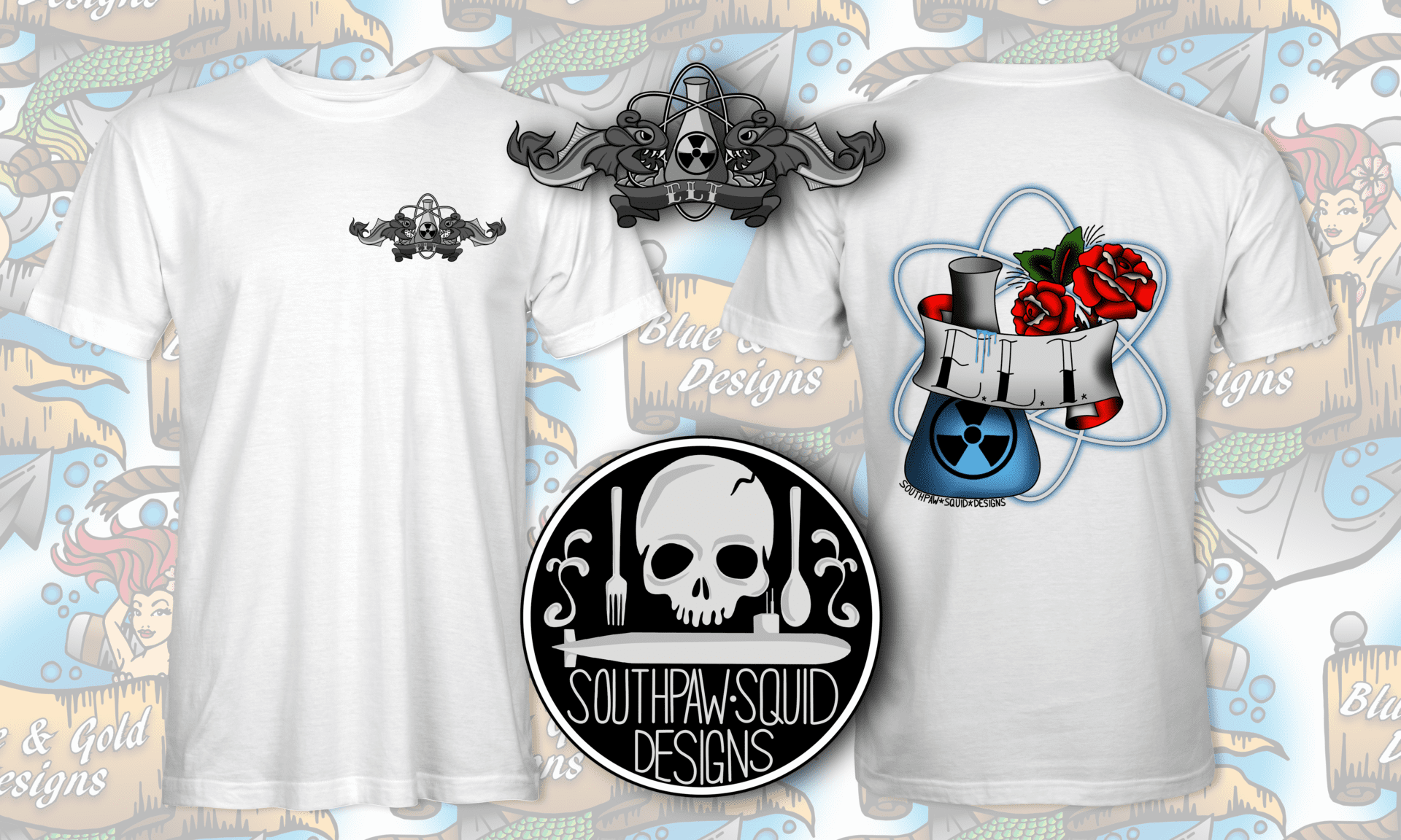 White t-shirt with a skull and atom design.