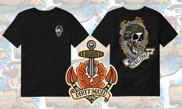 Two black t-shirts with skull and anchor designs.