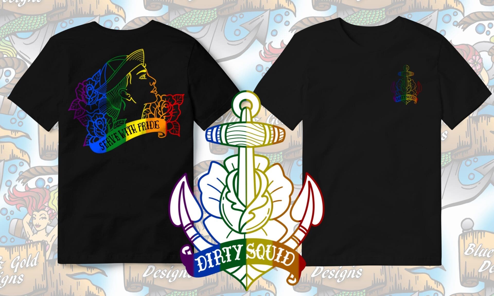 Two black t-shirts with rainbow designs.