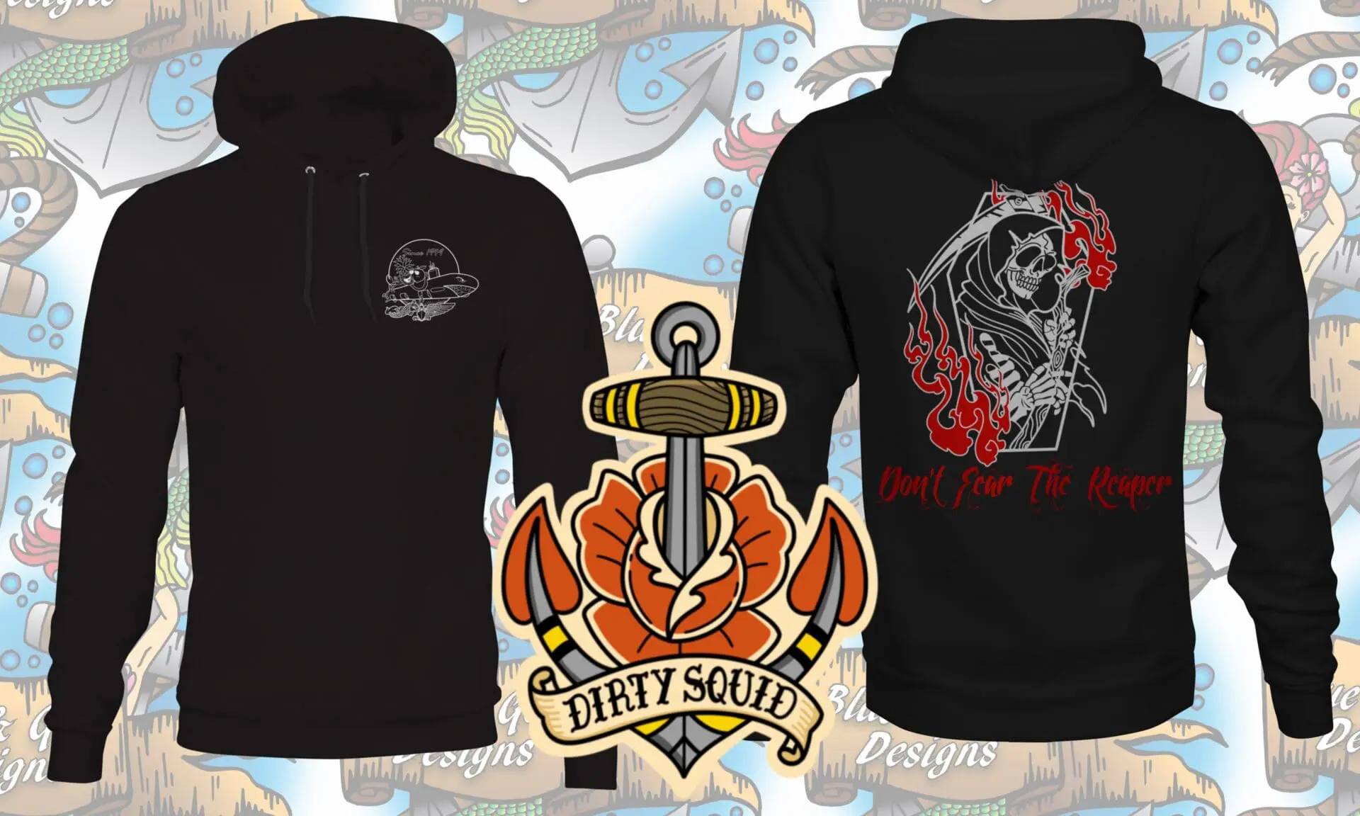 Black hoodie with reaper and anchor design.