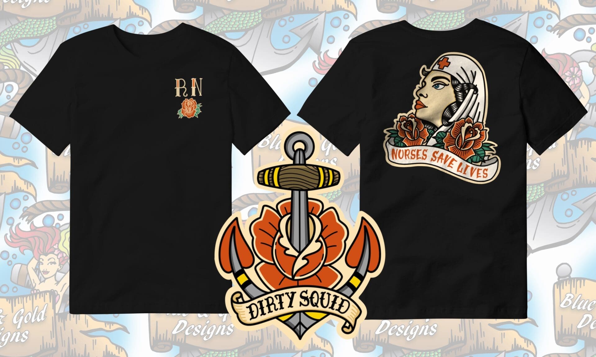 Black t-shirt with nurse and anchor design.