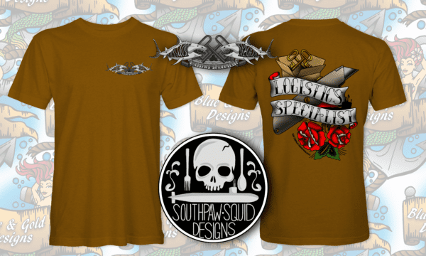 Brown t-shirt with "Logistics Specialist" design.