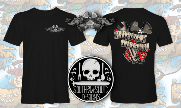 Black t-shirt with Machinery Division design.