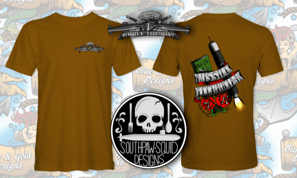 Brown t-shirt with missile technician design.