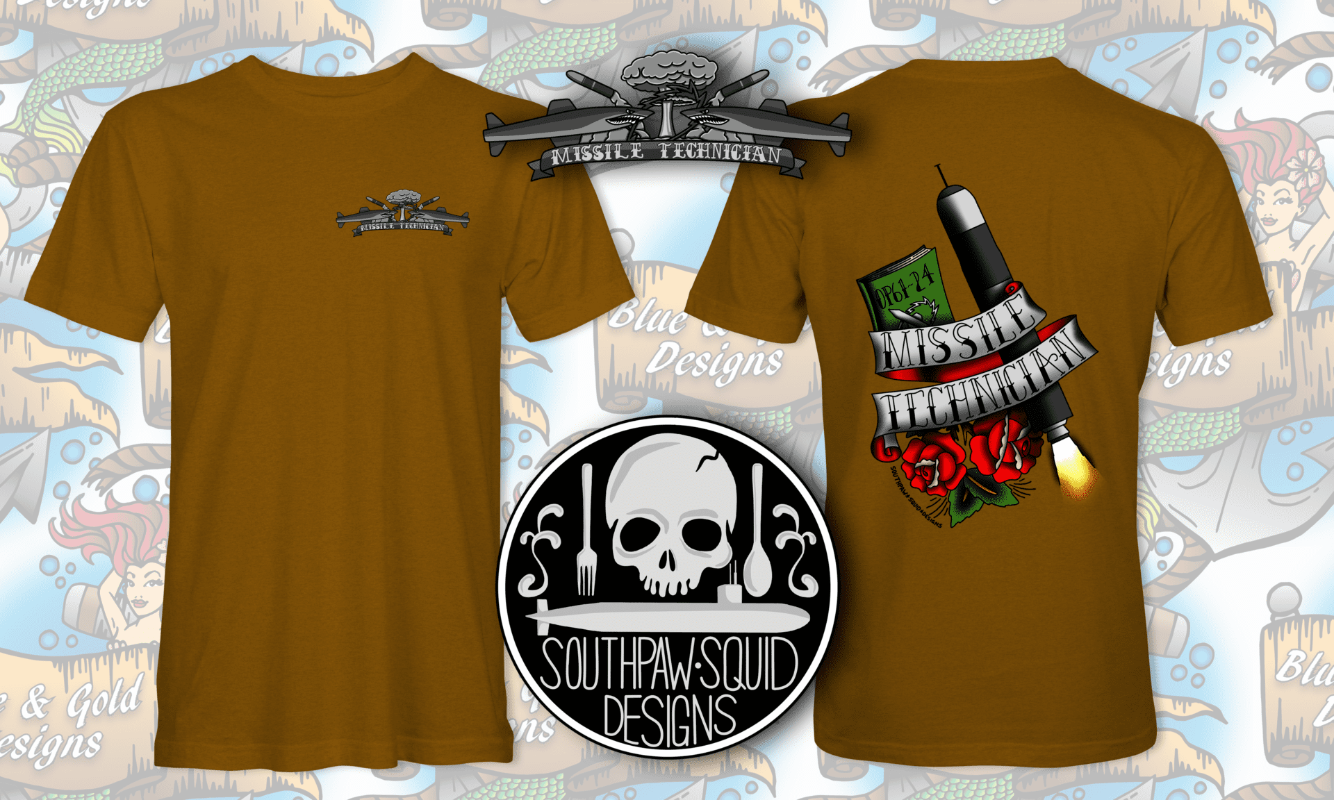 Brown t-shirt with missile technician design.