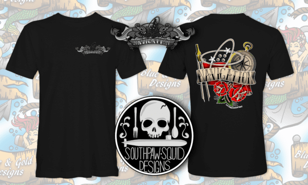 Black t-shirt with nautical navigation design.