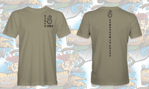 Khaki T-shirt with USN anchor and slogan.