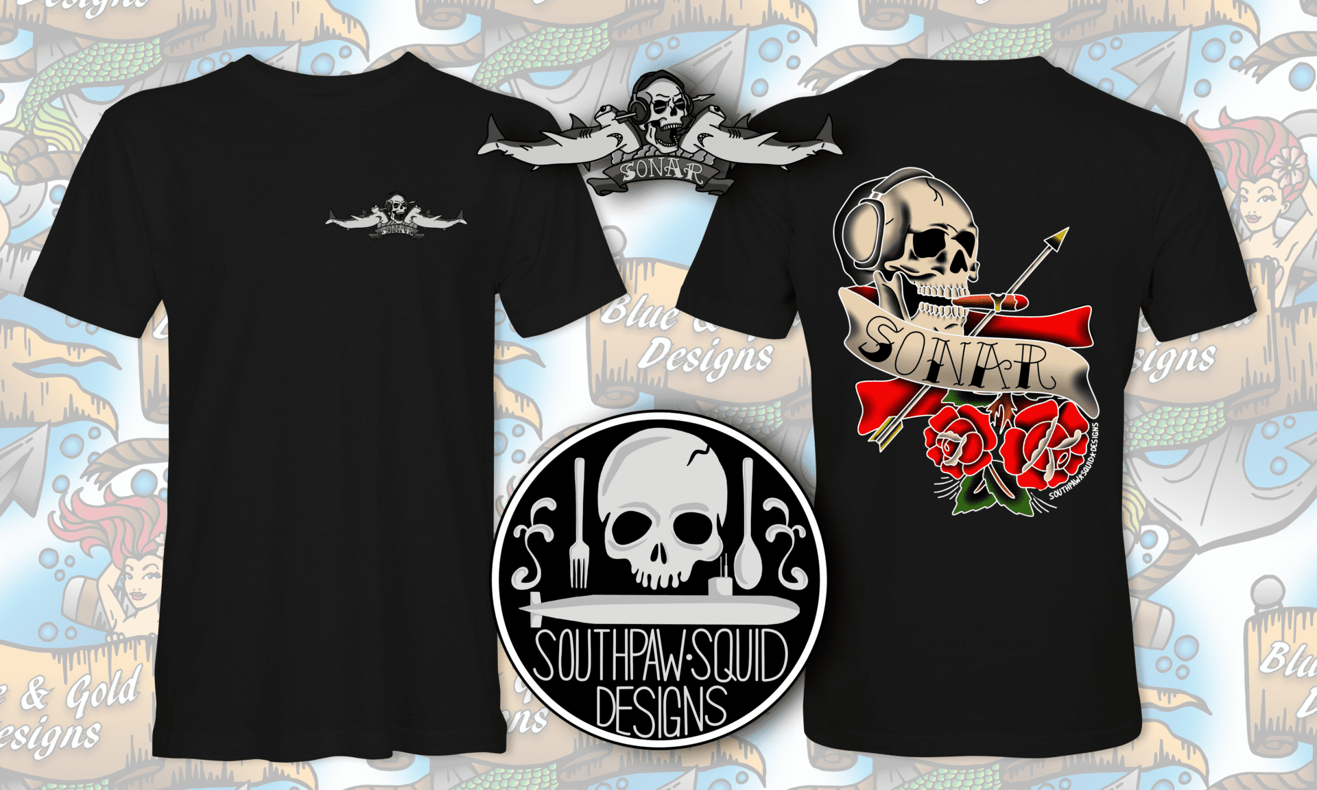 Black t-shirt with skull and sonar design.